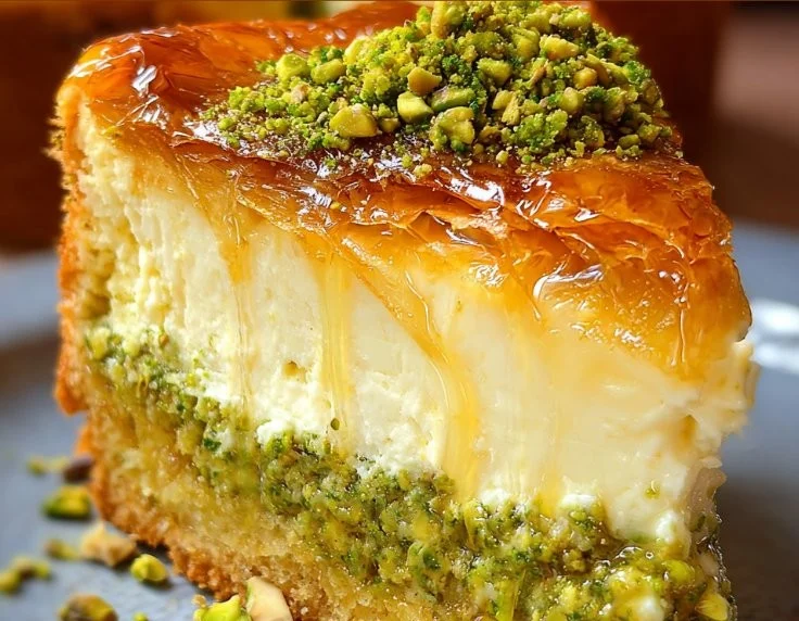 Delicious baklava pistachio cheesecake with layers of baklava and creamy cheesecake