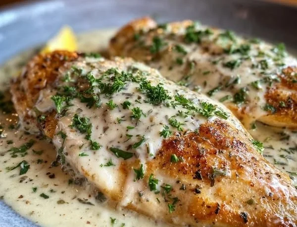 Plate of tilapia with creamy sauce served with vegetables.