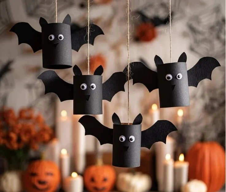Toilet paper roll bats hanging as Halloween decor