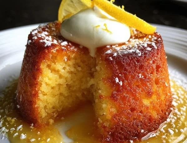Delicious traditional Irish lemon pudding cake served on a plate.