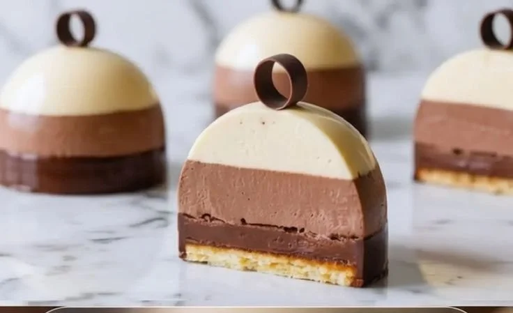 Triple chocolate mousse domes with rich textures and garnishes