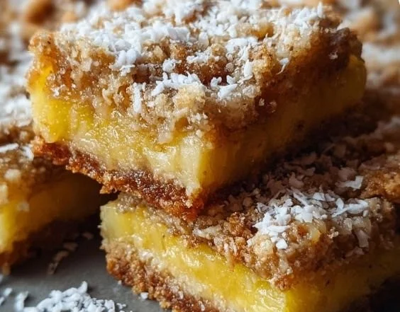 Delicious tropical Pineapple Bliss Bars topped with coconut and fresh pineapple chunks.
