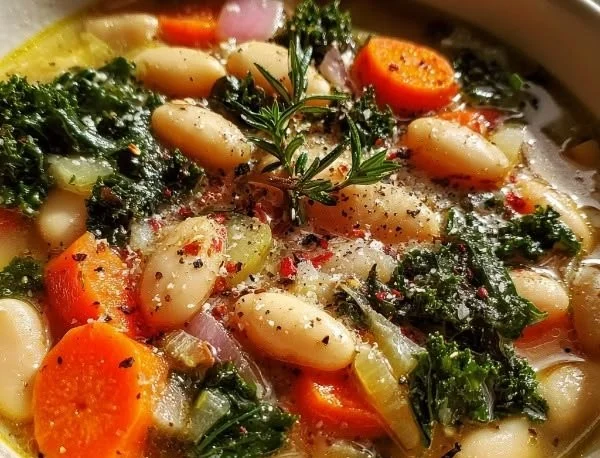 Bowl of Tuscan White Bean Soup garnished with fresh herbs and served with bread