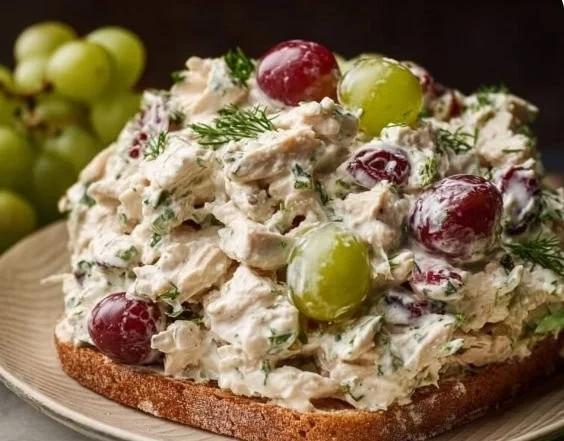 Ultimate creamy chicken salad with grapes served in a bowl.