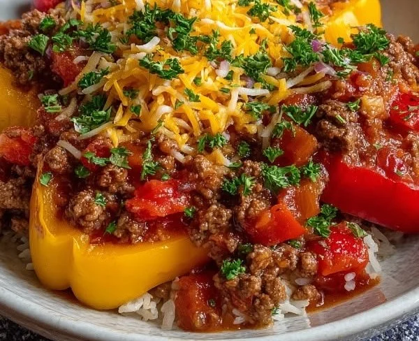 Delicious unstuffed pepper bowls featuring vibrant peppers and savory ingredients.