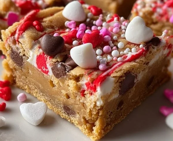 Delicious Valentine Peanut Butter Cookie Bars on a festive plate