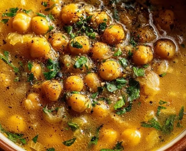 A bowl of vegan garlic chickpea soup garnished with herbs