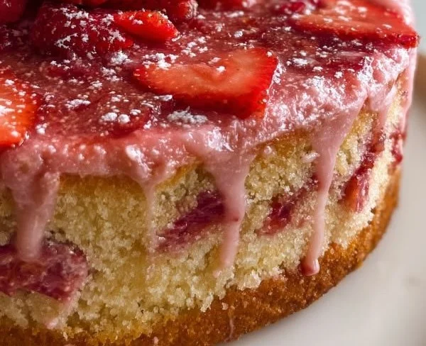 Vegan Gluten Free Strawberry Cake topped with fresh strawberries and whipped cream