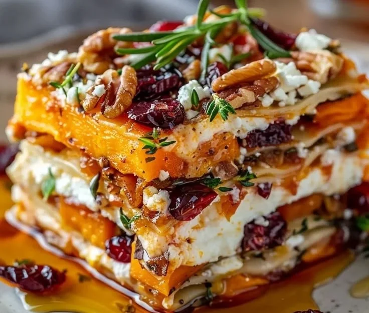 Delicious vegetable lasagna with sweet potato and butternut squash layers