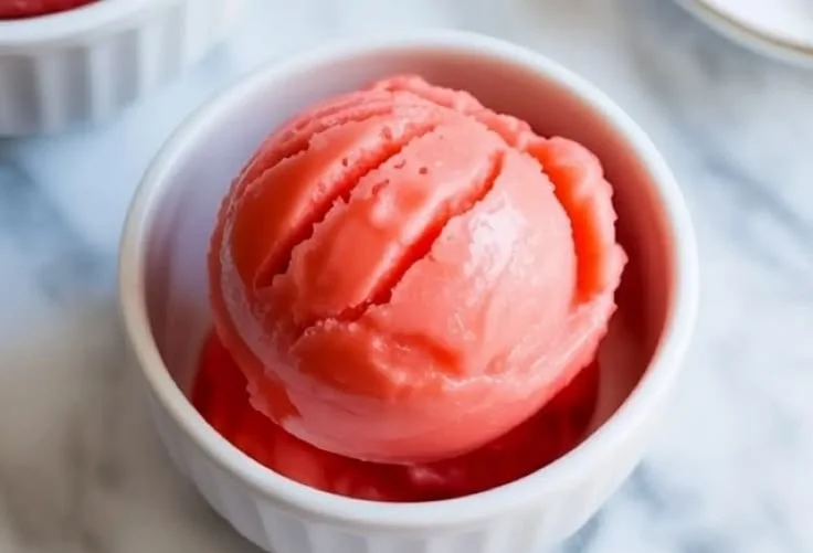 Delicious homemade watermelon sorbet served in a bowl with fresh mint leaves.