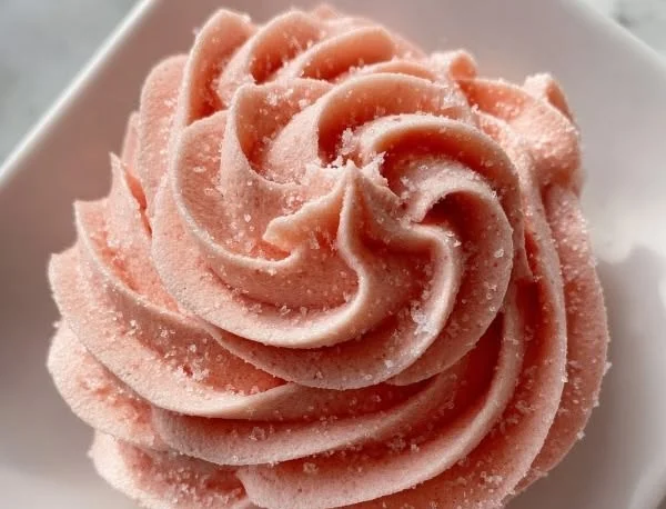Delicious whipped strawberry buttercream frosting on a cupcake