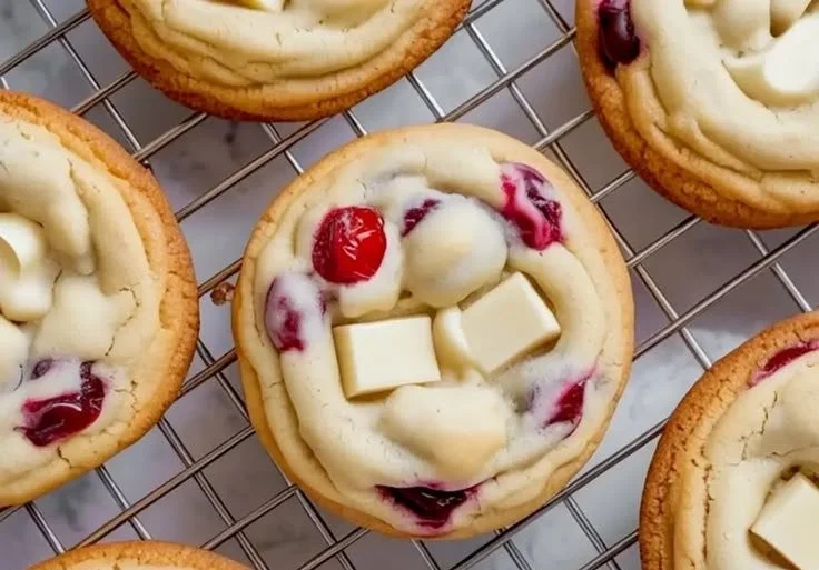 Freshly baked white chocolate cherry cookies on a cooling rack