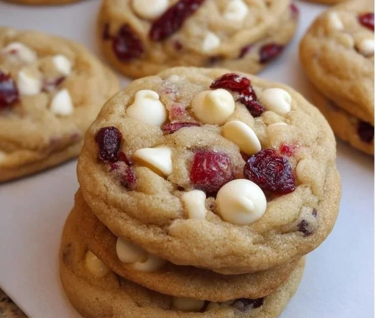 Freshly baked white chocolate chip cranberry cookies on a plate