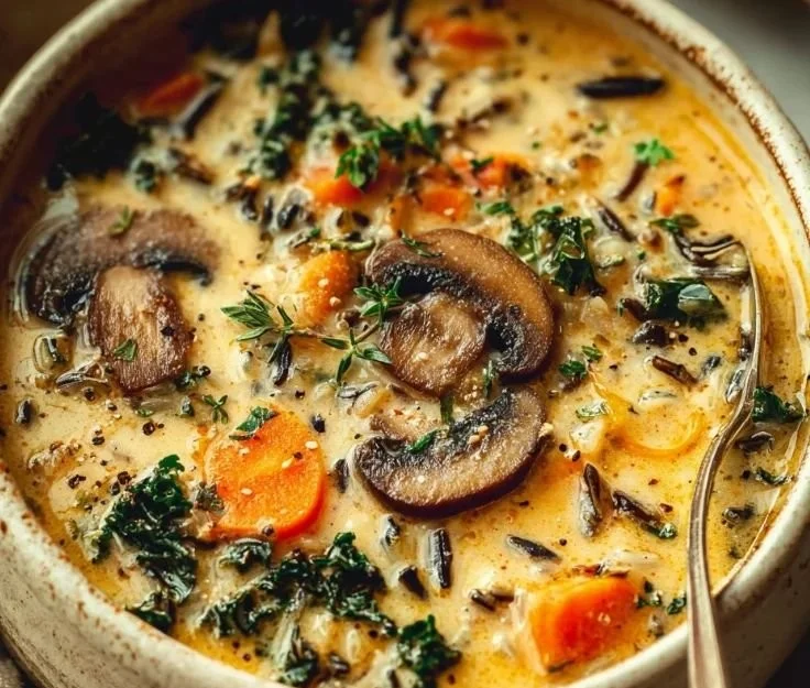 Delicious wild rice soup topped with herbs, perfect for autumn warmth.