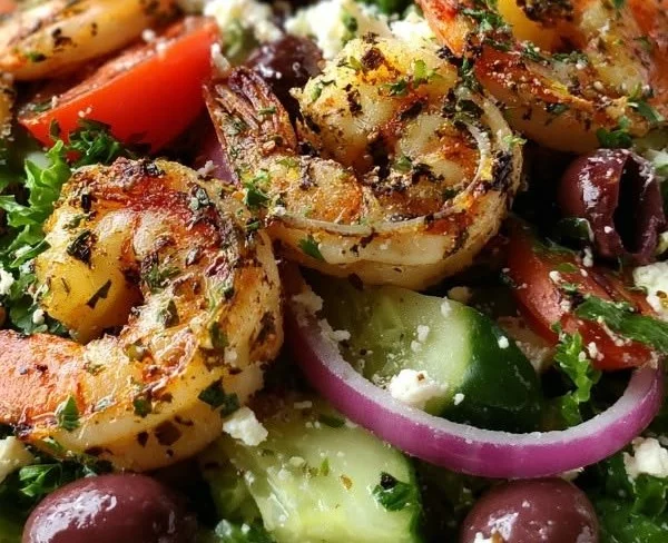 Delicious zesty Mediterranean grilled shrimp salad with fresh vegetables and herbs