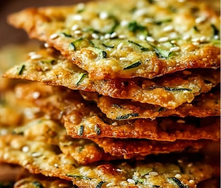 Homemade zucchini herb crackers on a wooden table