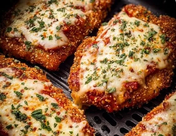 Air Fryer Chicken Parmesan served on a plate with herbs