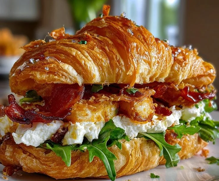 Apple and goat cheese croissant sandwich with fresh ingredients on a plate.