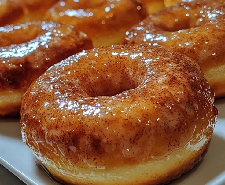 Freshly baked apple cinnamon donuts on a cooling rack