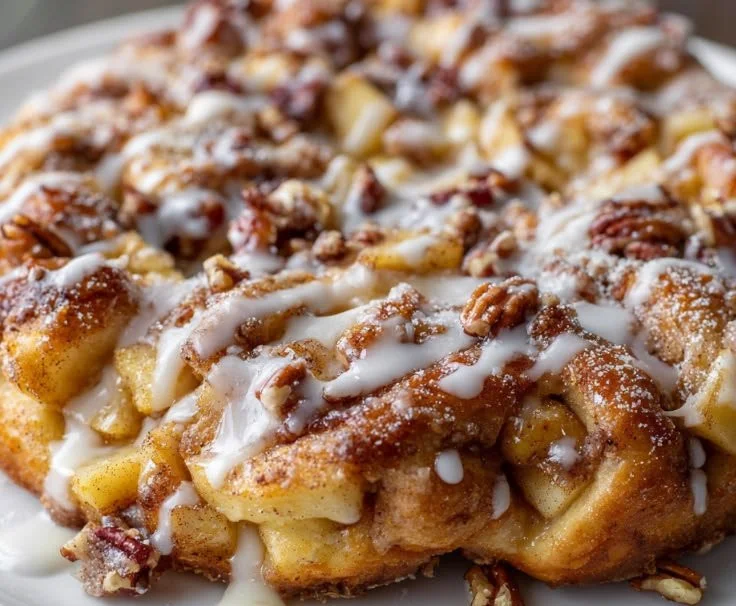 Freshly baked Apple Fritter Focaccia topped with apple slices and glaze