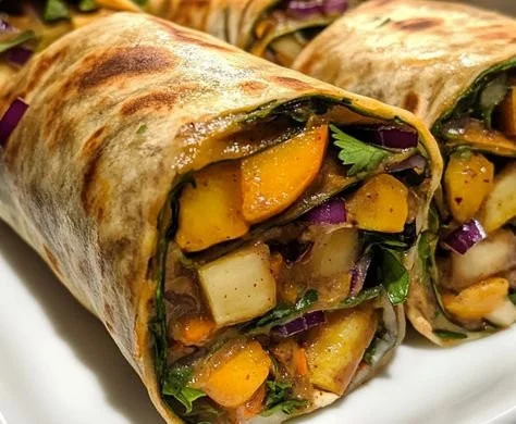 Autumn veggie wraps with maple-Dijon dressing on a cutting board