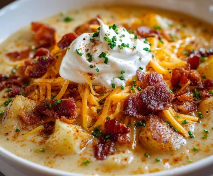 Bowl of baked potato soup with cheddar cheese and crispy bacon bits