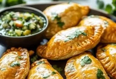 Golden brown Beef Empanadas stuffed with beef and potatoes, ready to serve.