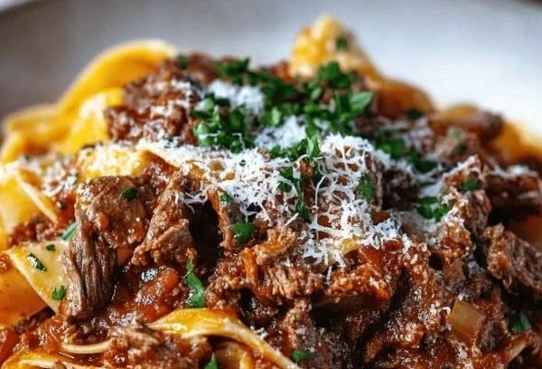Delicious Beef Ragu with Red Wine served over Pappardelle pasta