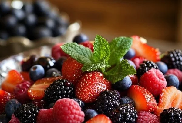 Delicious and colorful berry salad with mixed fruits and greens