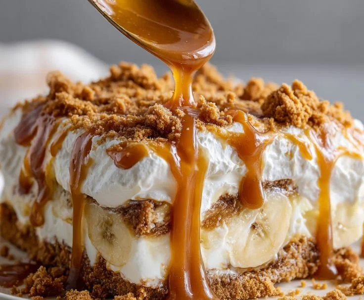 Delicious Biscoff banana pudding layered with caramel for a rich dessert experience.