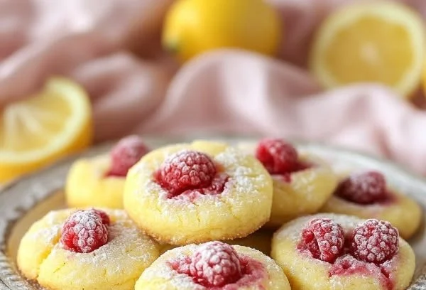 Delicious lemon raspberry cookies stacked on a plate
