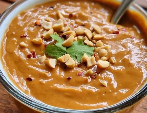 Delicious homemade Thai Peanut Sauce in a bowl with fresh ingredients