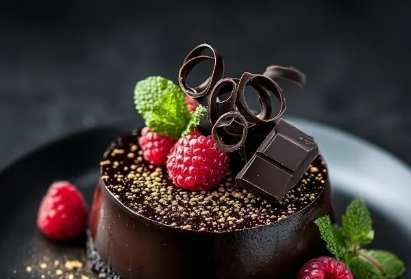 Sliced delicious black cheesecake topped with chocolate ganache