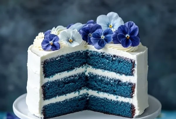 A decadent slice of blue velvet cake with creamy frosting and a decorative plate