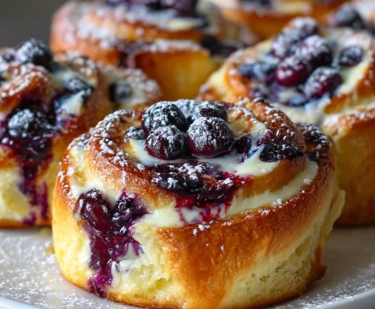 Blueberry cheesecake swirl rolls topped with fresh blueberries and cream cheese icing
