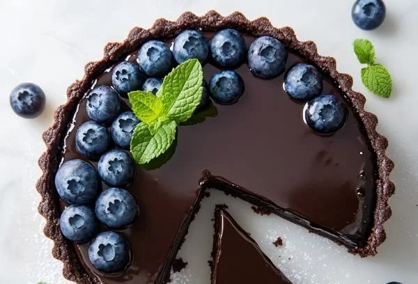 Blueberry ganache tart topped with fresh blueberries and drizzled with chocolate.