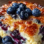 Delicious blueberry pancake casserole topped with fresh blueberries and syrup
