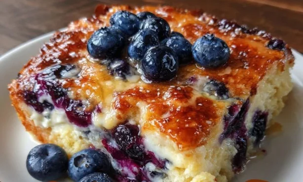 Delicious blueberry pancake casserole topped with fresh blueberries and syrup
