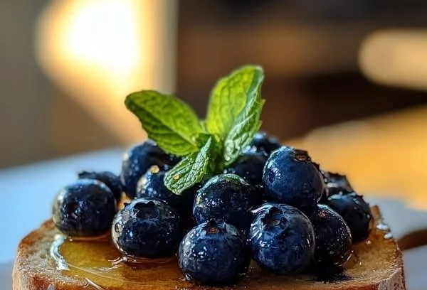 Delicious blueberry toast topped with fresh blueberries and a drizzle of honey.