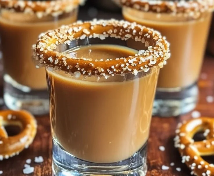 Boozy salted caramel pretzel shots served in small glasses