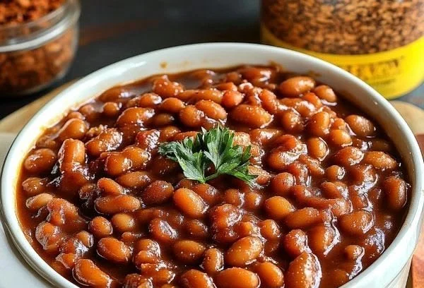 A bowl of Boston-style baked beans topped with a savory sauce and herbs.