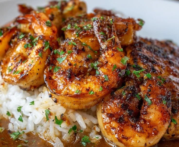 Plate of Bourbon Street Chicken with shrimp, garnished and ready to serve.