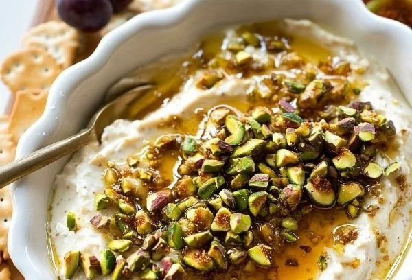 Boursin Fig Hot Honey Pistachio Dip served with fresh veggies and crackers