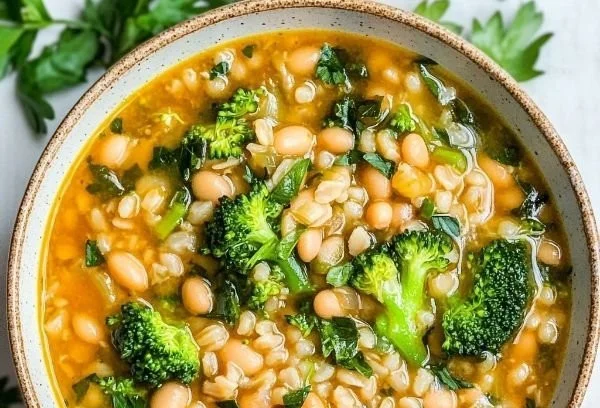 Bowl of broccoli soup with barley and cannellini beans garnished with herbs