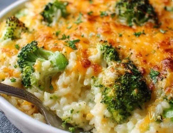 Delicious Broccoli Cheese Rice Casserole served in a baking dish