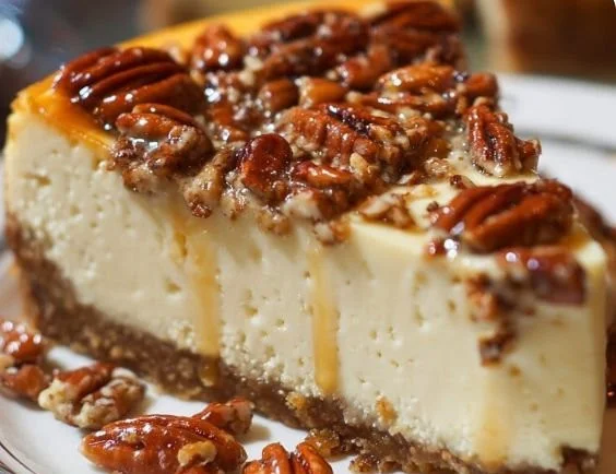 A delicious slice of Butter Pecan Cheesecake topped with pecans and caramel sauce.