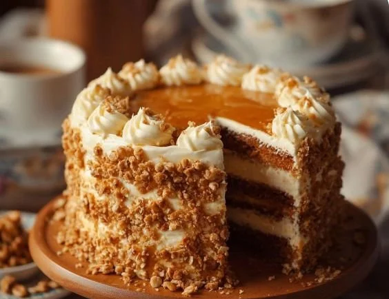 Delicious slice of Butterscotch Crunch Cake topped with butterscotch drizzle