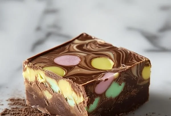 Delicious Cadbury Egg Fudge topped with chocolate and Easter eggs