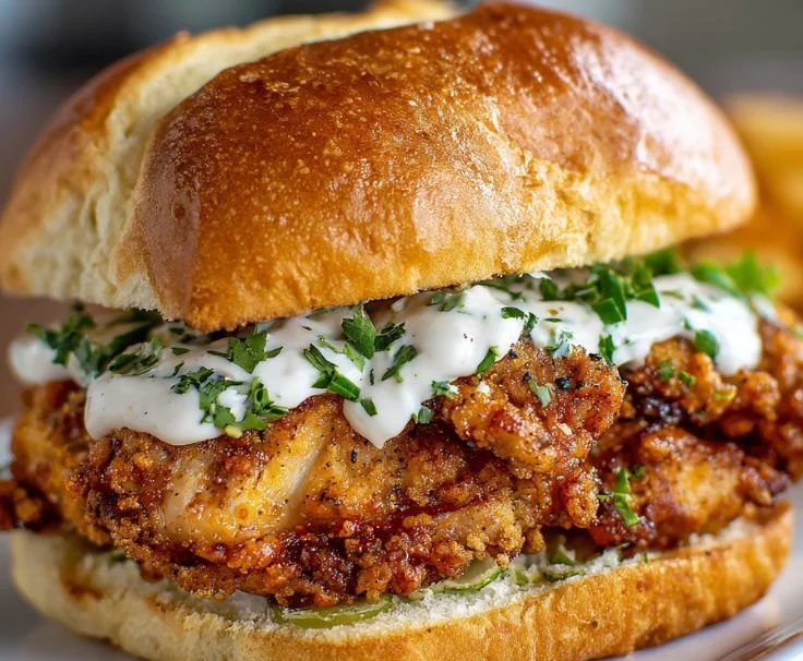 Cajun crispy chicken sandwich topped with garlic aioli and fresh vegetables