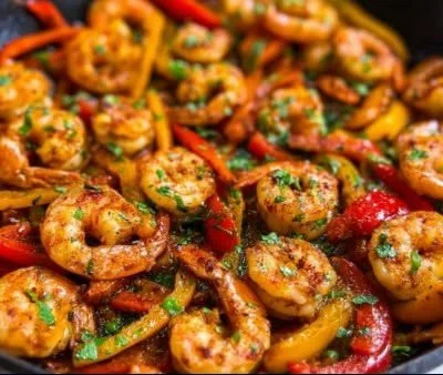 Plate of Cajun shrimp fajitas with colorful peppers and onions